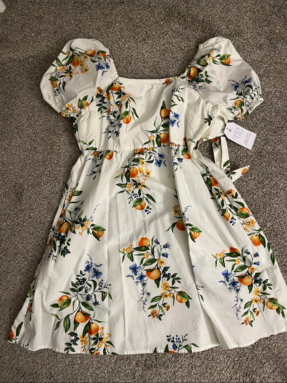 Time and Tru White Puff-Sleeve Dress with Orange & Blue Floral Print